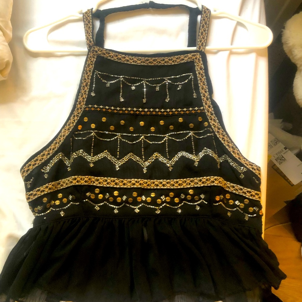 Free people semi sheer black top with gold beads